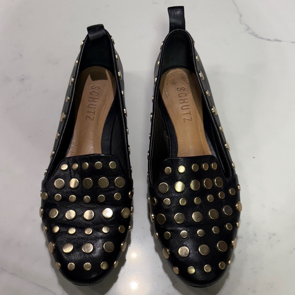SCHUTZ Black leather Loafers with Gold Studs - size 6/36